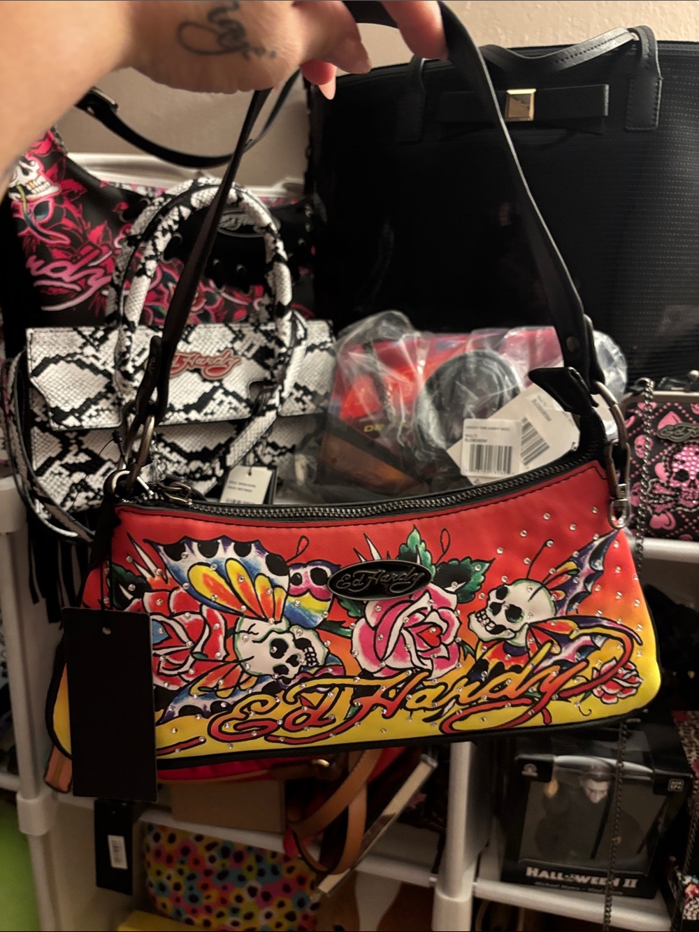 Ed Hardy Red Yellow Floral Skull Shoulder Bag